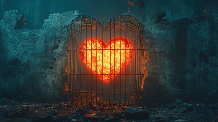 Fototapeta premium A glowing heart in a crumbling concrete cage, symbolizing fragile emotions 