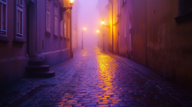 Fog-filled alleyway with glowing streetlights and wet pavement, evoking mysterious nocturnal urban exploration adventure vibe