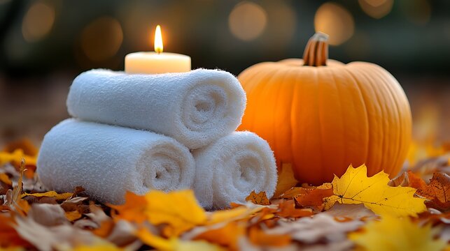 Spa setup with candle, towels, and pumpkin in fall leaves