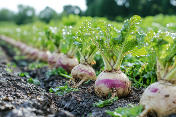 Vibrant and colorful turnips are thriving abundantly in rich, fertile soil, showcasing natures wonderful bounty