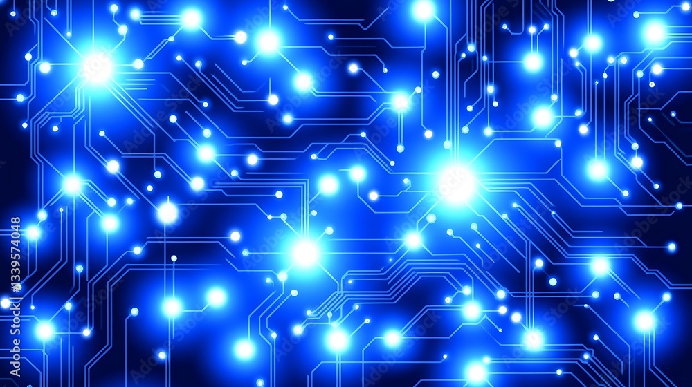 Poster intricate network of illuminated nodes interconnected by pathways, symbolizing technological advance