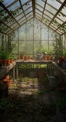 A serene, rustic greenhouse bathed in warm golden sunlight, filled with lush overgrown vines creeping along the weathered wooden beams, 1:1