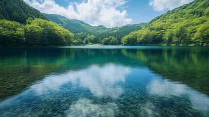 Tranquil secluded lake featuring crystal clear waters embraced by lush vibrant natural scenery for rejuvenation