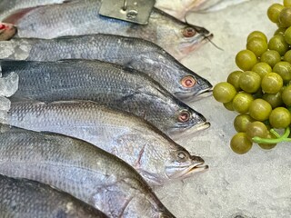 Freshly caught seabass displayed on ice at a vibrant seafood market, ready for selection. February 12, 2025