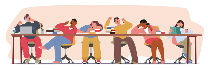 Fototapeta premium Bored students yawning, looking at wristwatch sleeping on textbooks stack while sitting at desk
