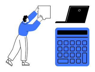 Person fitting puzzle piece with large laptop and calculator, representing problem-solving, analysis, project planning, strategy, teamwork, innovation, and organization. Ideal for flat simple
