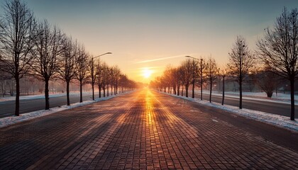 A beautiful sunrise over an empty street on January 1st, symbolizing a fresh start, new beginnings, and peaceful morning