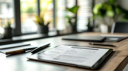 Professional invoice mockup on a tablet, alongside pens and papers, in a modern office setting 