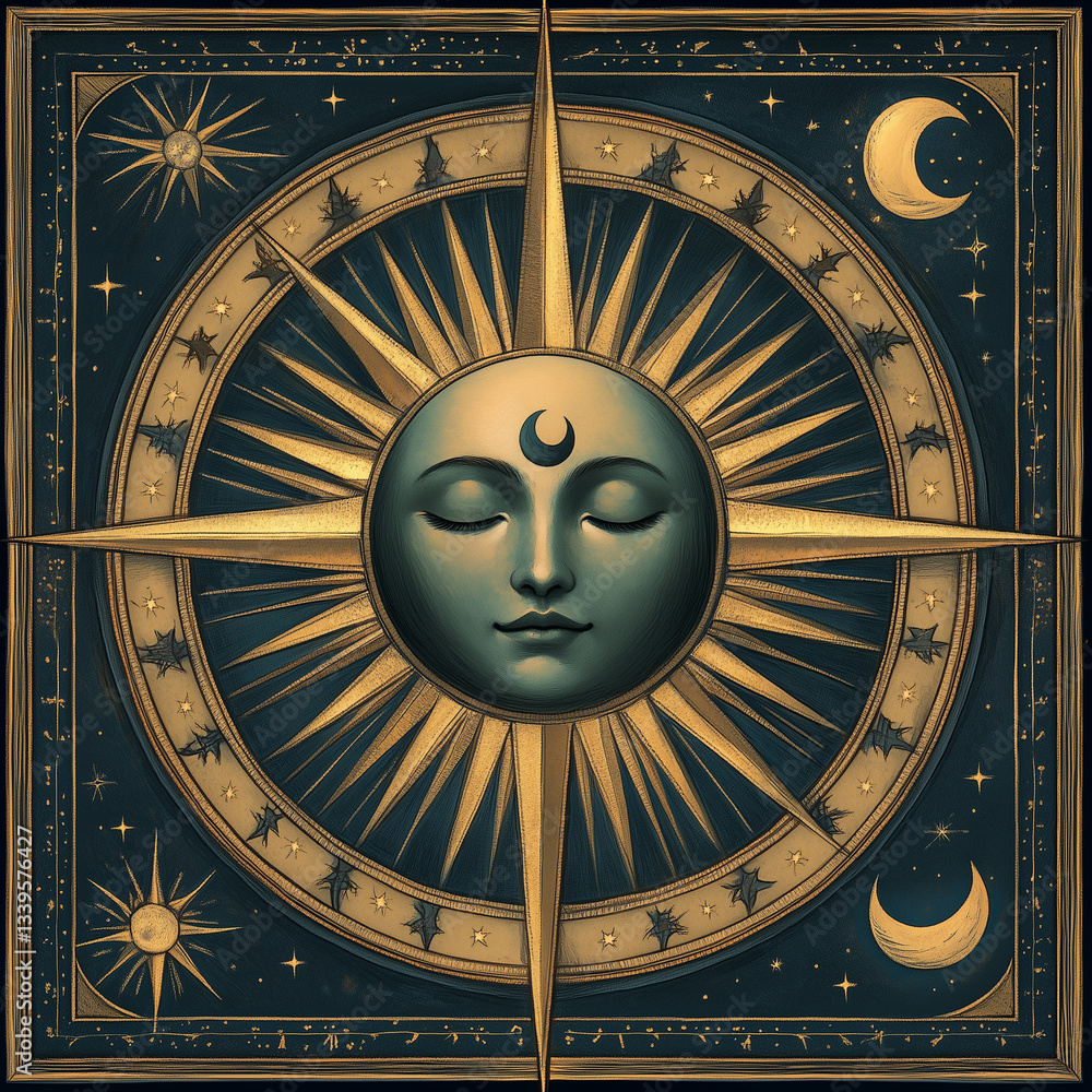 Wall mural illustration set of moon phases. different stages of moonlight activity in vintage engraving style. 