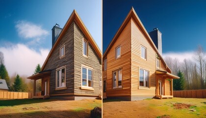 Obraz premium A before-and-after comparison of a house showing improvements after insulation work, highlighting energy efficiency and thermal performance.