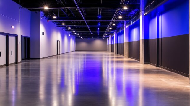 Modern empty corridor with blue lighting, polished floor, and minimalist design, ideal for events