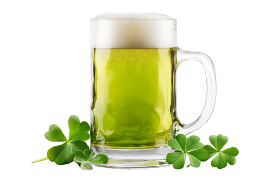 Refreshing green beer mug with shamrocks for on transparent background - Powered by Adobe