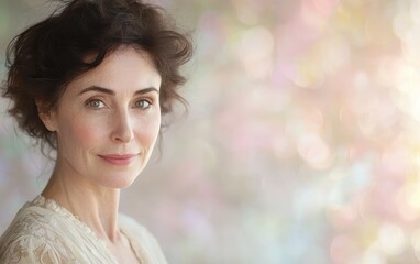 Fototapeta premium Elegant woman with a charming expression and warm gaze, against a softly blurred pastel Easter background