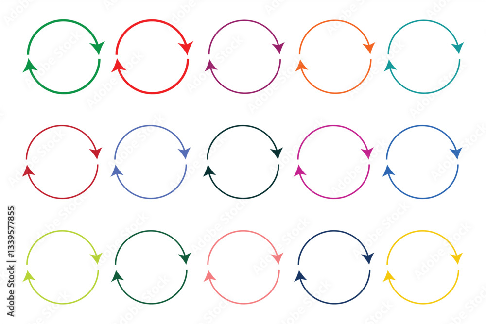 Poster single headed circular arrow icon set. one ended arrow illustration. semi circular red black green b