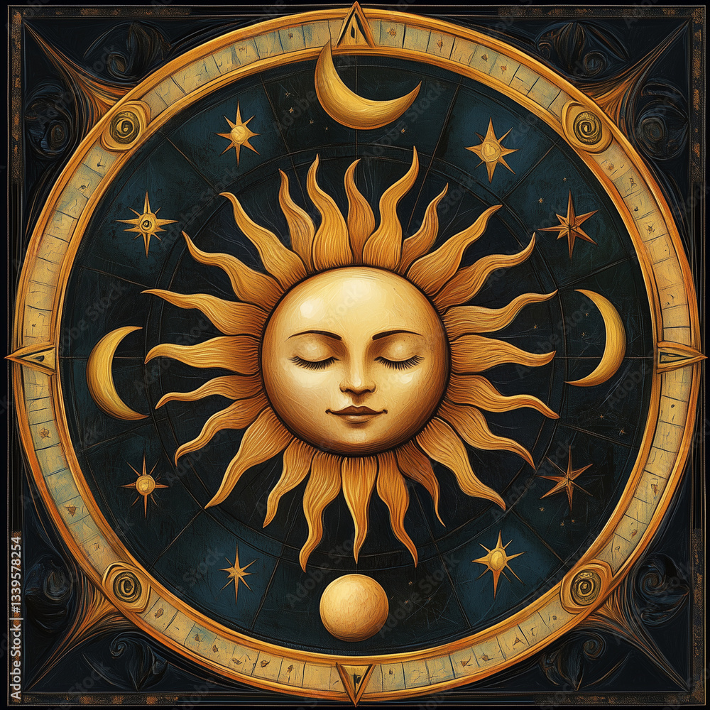Wall mural illustration set of moon phases. different stages of moonlight activity in vintage engraving style. 