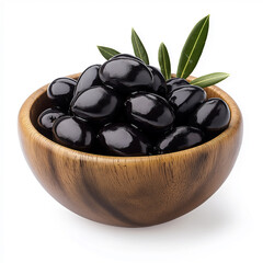wooden bowl with fresh black olives, Isolated on white Background.