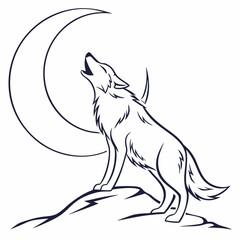 Sleek Wolf Howling at Crescent Moon – Elegant Vector Outline Design Vector Illustration