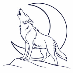 Sleek Wolf Howling at Crescent Moon – Elegant Vector Outline Design Vector Illustration