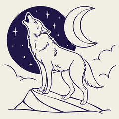 Sleek Wolf Howling at Crescent Moon – Elegant Vector Outline Design Vector Illustration