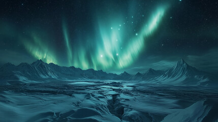 Fototapeta premium Spectacular northern lights glowing brilliantly above a barren, frozen landscape under a starlit arctic sky