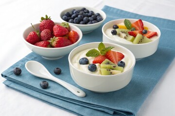 Fresh Fruit and Yogurt Bowls Served on a Blue Tablecloth Generative AI