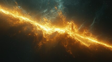 Fototapeta premium Fiery cosmic ribbon slicing through the void. A vibrant, glowing, orange-gold energy filament extends across a dark, star-strewn expanse. Distinctive swirling nebulae surround it