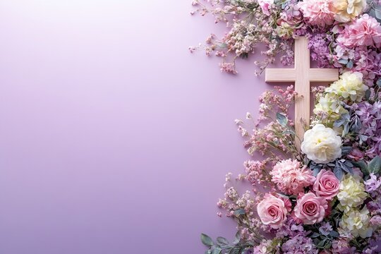 Easter Background, Easter Banner, Wooden Cross with Pastel Pink Purple Flowers on Lavender Background Easter Sympathy Floral Design