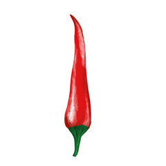 A realistic digital painting of a red chili pepper with a green stem on a white background. The chili is elongated, slightly curved, and has a glossy texture, emphasizing its freshness and spiciness.