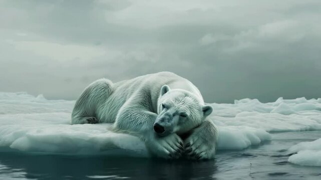 Polar bear resting on an ice floe in cold waters, emphasizing the theme of ecology and wildlife, suitable for documentaries.
