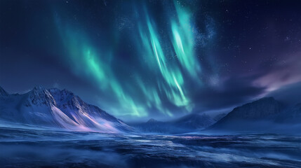 Fototapeta premium Stunning aurora spectacle: Northern lights illuminate a barren, frozen landscape with ethereal, dancing colors vibrantly