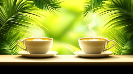 Two coffee cups on the table, green background