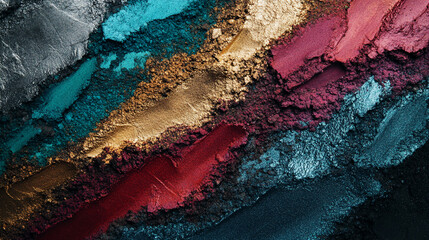 Close-up view of textured colorful powder pigments, showcasing teal, gold, red, and silver shades.  The image displays a rich, abstract composition ideal for backgrounds or design elements
