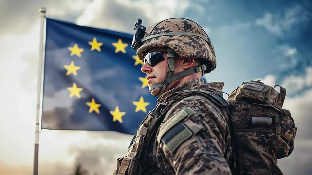 European Military Soldier with EU Flag Background