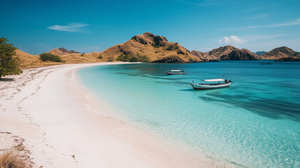 Pristine Komodo Island beach with white sand and crystal-clear water, evoking tranquil tropical paradise vibes