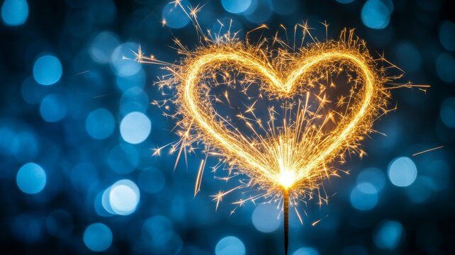 Sparkling Heart Shaped Firework Against Blue Bokeh