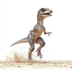 Obraz premium Baby dinosaur running on sand, white background, illustration, children's book