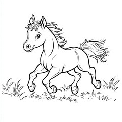 Obraz premium Playful Foal in Motion: Capturing the spirited essence of a young foal galloping across a grassy field, a line art illustration that celebrates freedom, energy, and the joy of youth.