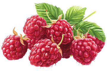 Fresh juicy raspberries on branch close up on transparent background