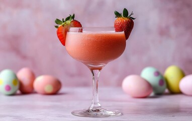 Floating strawberry daiquiri in a cocktail glass with fruit garnish, with pastel Easter eggs in the background