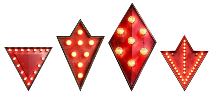 Vintage Red Neon Light Sign Shapes with Bright Bulbs Decoration, Isolated on Transparent Background