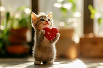 Japanese bobtail - my desired cat, symbol of care. Cute japanese bobtail kitty with diamond red heart at cozy house. Ad companion concept art. Sweet love paws. Kitten in romantic setting.