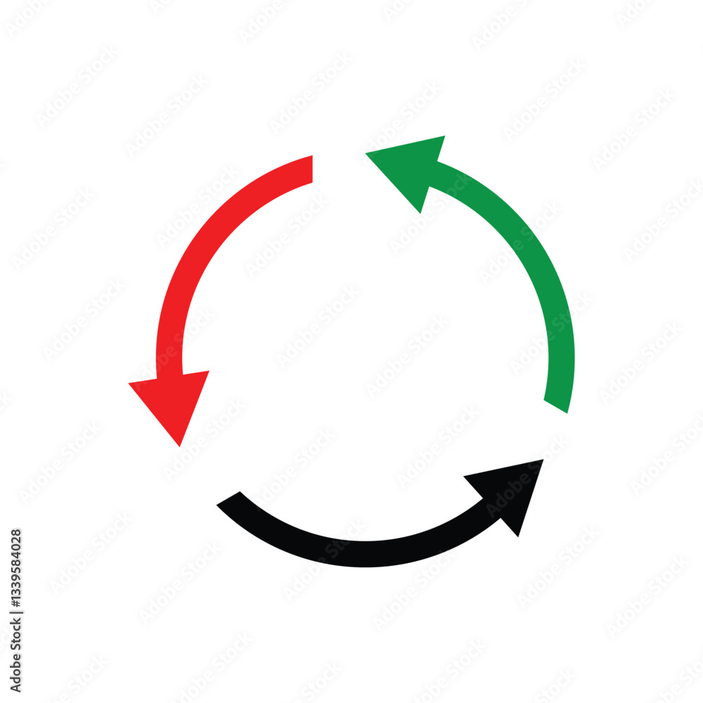 Poster single headed circular red green black arrow icon. one ended arrow illustration. multi colored singl