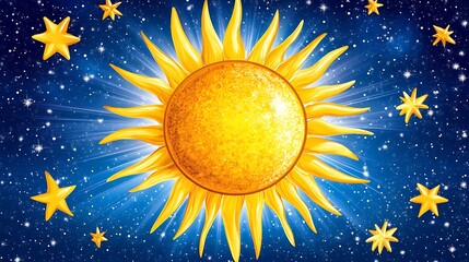 A bright yellow sun shines amidst a starry and blue night sky