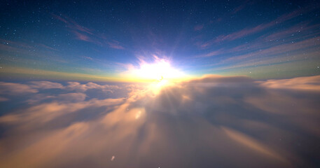 Sun on the blue starry sky above moving clouds