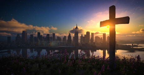 Big wooden cross on a flowering hill in front of the city with moving clouds