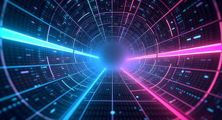 Obraz premium Futuristic neon grid tunnel with vibrant pink and blue lines, reflective surfaces, immersive perspective, virtual reality ambiance, high-tech environment, and digital visual innovation