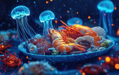 Fresh seafood platter levitating in an underwater Atlantis scene with glowing jellyfish