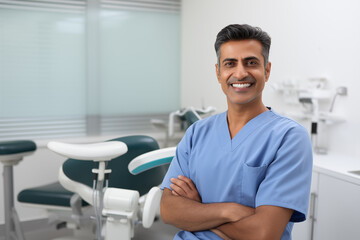 Smiling Indian dentist in his modern clinic, providing professional dental care and promoting oral health with a friendly and confident approach to patient treatment and dental hygiene.



