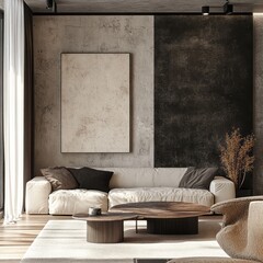 A contemporary living room displays modern furniture and artistic decor