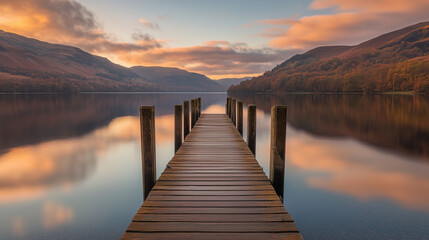 Fototapeta premium A wooden jetty extending over a calm lake during sunset, with golden light reflecting on the water